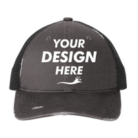 Port Authority Distressed Mesh Back Cap, Grey Steel / Black, Front view, Mockup