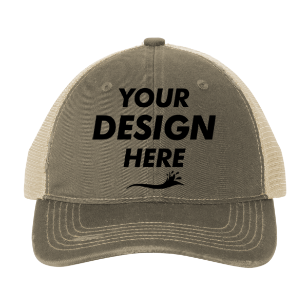 Port Authority Distressed Mesh Back Cap, Khaki / Stone, Front view, Mockup