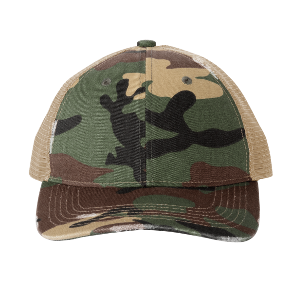Port Authority Distressed Mesh Back Cap, Military Camo / Khaki, Front view