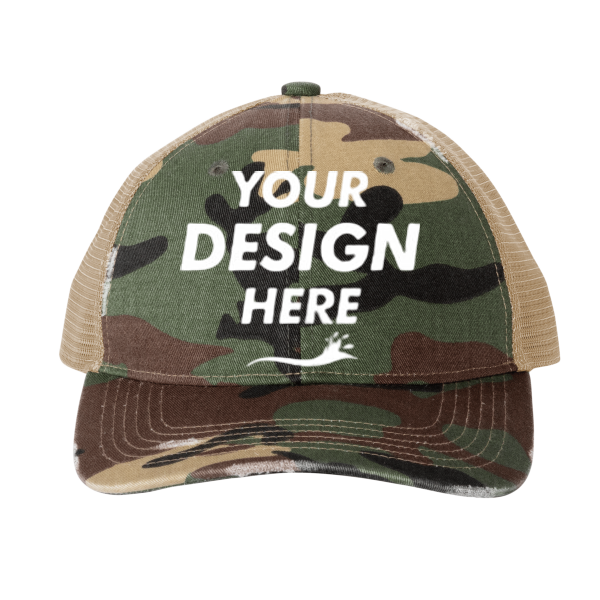 Port Authority Distressed Mesh Back Cap, Military Camo / Khaki, Front view, Mockup