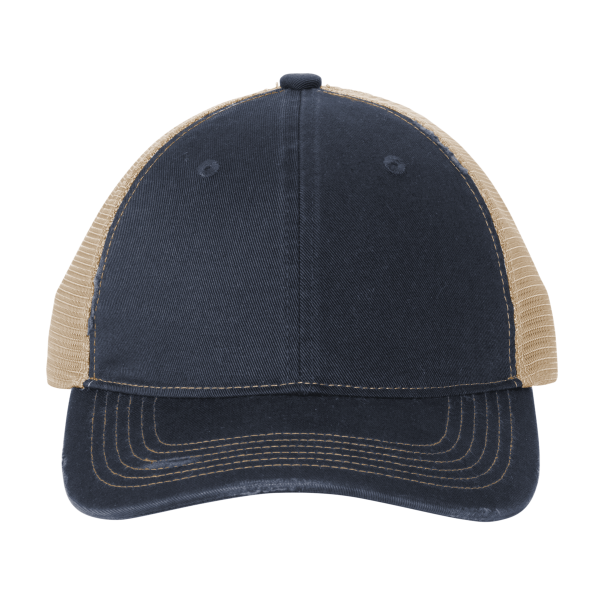 Port Authority Distressed Mesh Back Cap, River Blue Navy / Khaki, Front view
