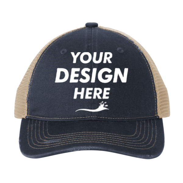 Port Authority Distressed Mesh Back Cap, River Blue Navy / Khaki, Front view, Mockup