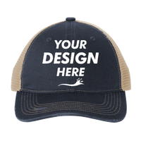 Port Authority Distressed Mesh Back Cap, River Blue Navy / Khaki, Front view, Mockup