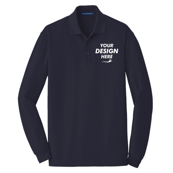 Port Authority EZCotton ® Long Sleeve Polo, Navy, Front view, Mockup
