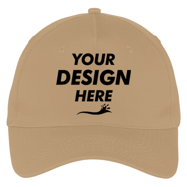 Port Authority Five Panel Twill Cap, Khaki, Front view, Mockup