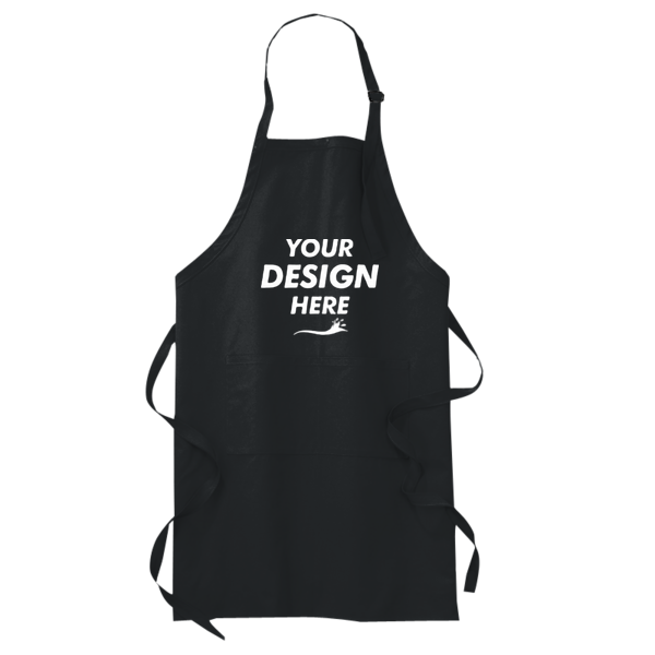 Port Authority Full Length Apron with Pockets, Black, Front view, Mockup