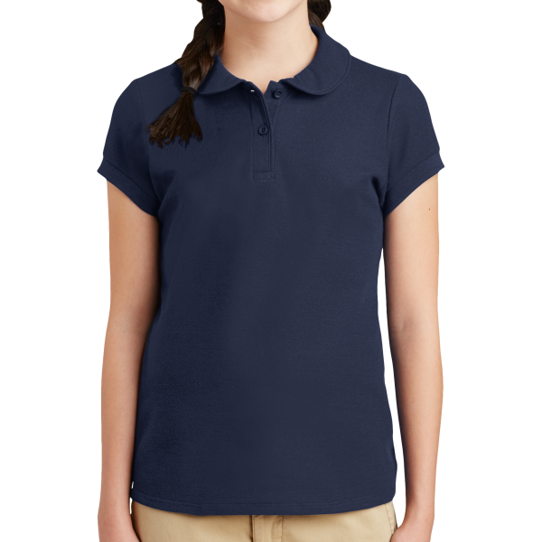 Port Authority Girls Silk Touch Peter Pan Collar Polo, Navy, Front view