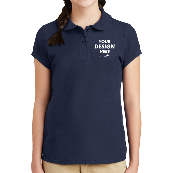 Port Authority Girls Silk Touch Peter Pan Collar Polo, Navy, Front view, Mockup