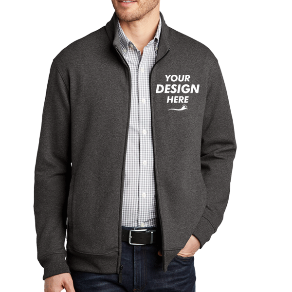 Port Authority Interlock Full Zip, Charcoal Heather / Medium Heather Grey, Front view, Mockup