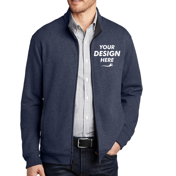 Port Authority Interlock Full Zip, Estate Blue Heather / Charcoal Heather, Front view, Mockup