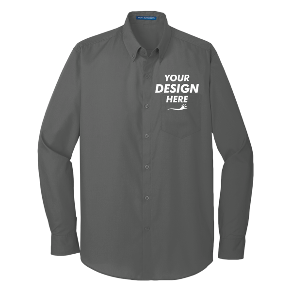 Port Authority Long Sleeve Carefree Poplin Shirt, Graphite, Front view, Mockup