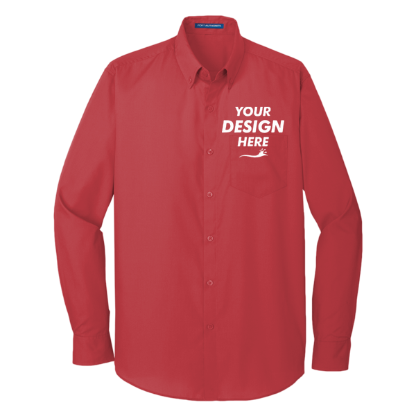 Port Authority Long Sleeve Carefree Poplin Shirt, Rich Red, Front view, Mockup