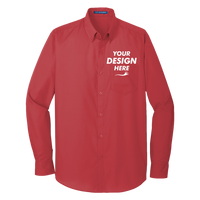 Port Authority Long Sleeve Carefree Poplin Shirt, Rich Red, Front view, Mockup