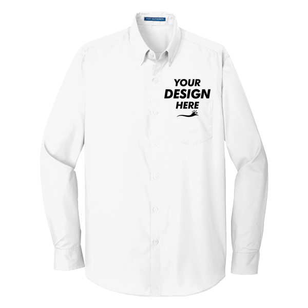 Port Authority Long Sleeve Carefree Poplin Shirt, White, Front view, Mockup