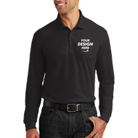 Port Authority Long Sleeve Core Classic Pique Polo, Deep Black, Front view, Mockup