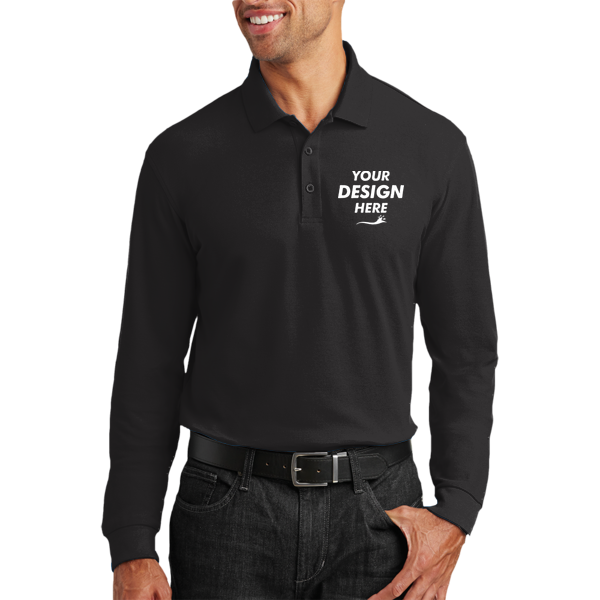 Port Authority Long Sleeve Core Classic Pique Polo, Deep Black, Front view, Mockup