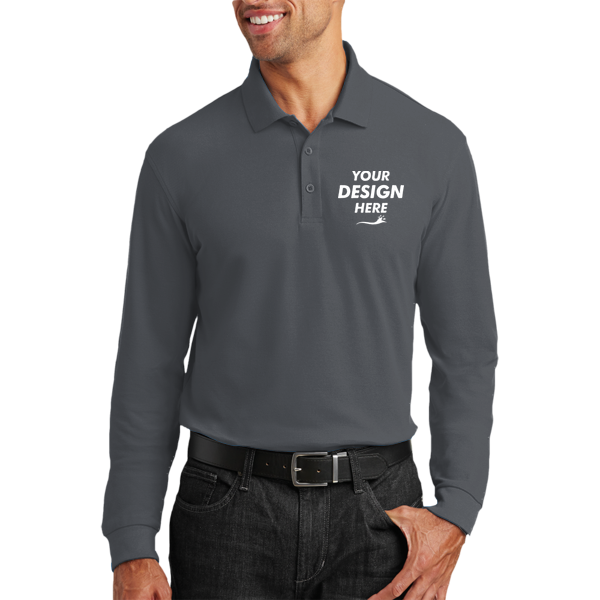 Port Authority Long Sleeve Core Classic Pique Polo, Graphite, Front view, Mockup