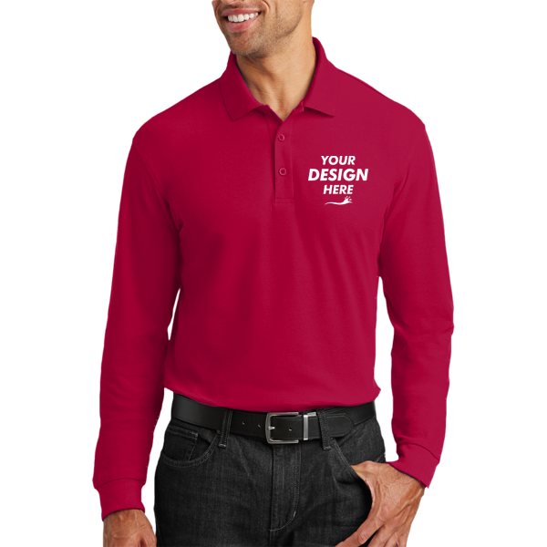 Port Authority Long Sleeve Core Classic Pique Polo, Rich Red, Front view, Mockup