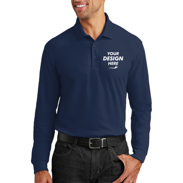 Port Authority Long Sleeve Core Classic Pique Polo, River Blue Navy, Front view, Mockup