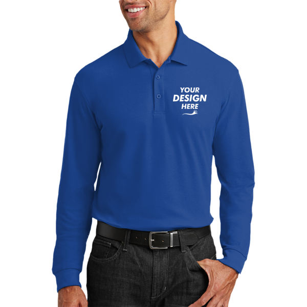 Port Authority Long Sleeve Core Classic Pique Polo, True Royal, Front view, Mockup