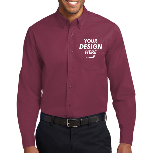 Port Authority Long Sleeve Easy Care Shirt, Burgundy / Light Stone, Front view, Mockup