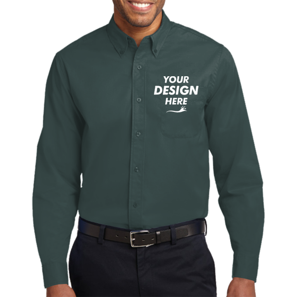 Port Authority Long Sleeve Easy Care Shirt, Dark Green / Navy, Front view, Mockup