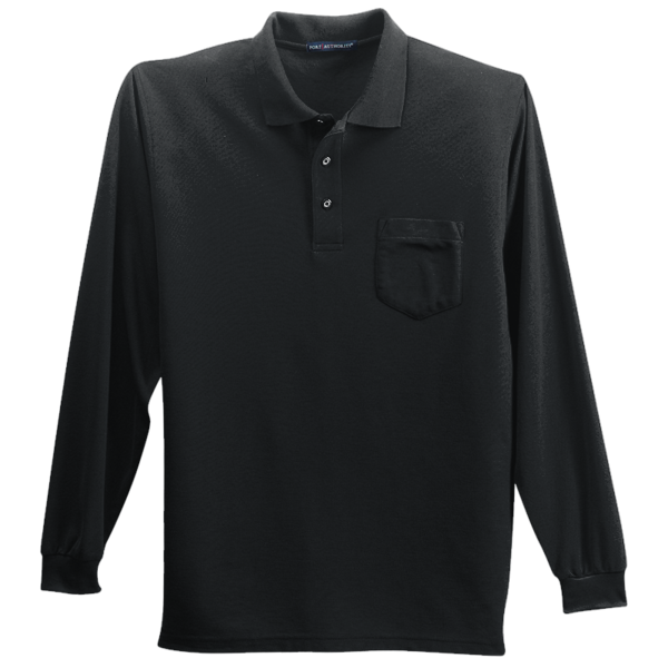 Port Authority Long Sleeve Silk Touch Polo with Pocket, Black, Front view