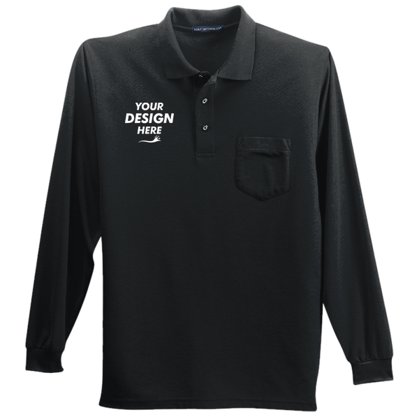 Port Authority Long Sleeve Silk Touch Polo with Pocket, Black, Front view, Mockup