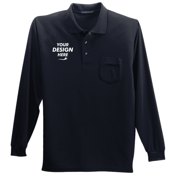 Port Authority Long Sleeve Silk Touch Polo with Pocket, Navy, Front view, Mockup