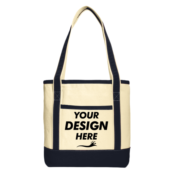 Port Authority Medium Cotton Canvas Tote, Natural / Navy, Front view, Mockup