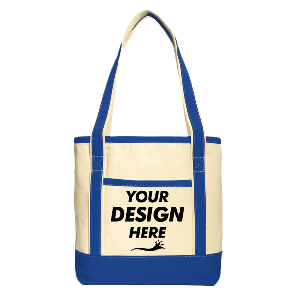 Port Authority Medium Cotton Canvas Tote, Natural / True Royal, Front view, Mockup