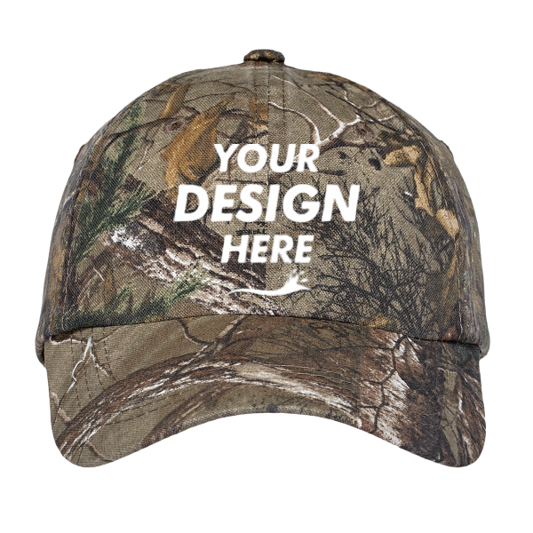 Port Authority Pro Camouflage Series Garment Washed Cap, Realtree Xtra, Front view, Mockup