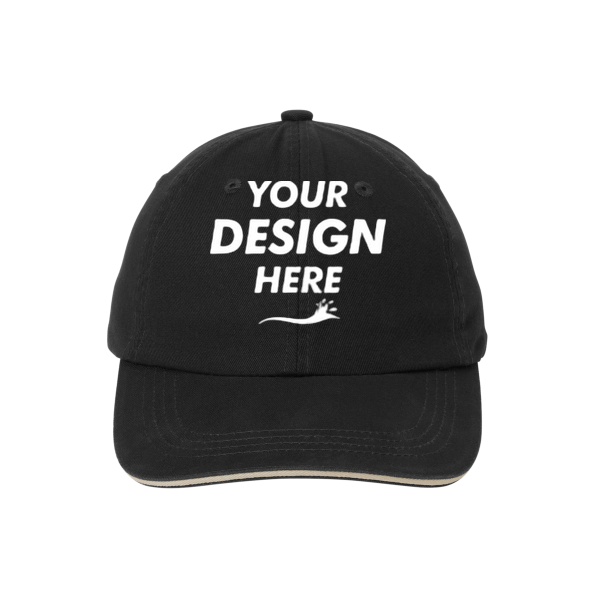 Port Authority Sandwich Bill Cap with Striped Closure, Black / Khaki / Khaki, Front view, Mockup