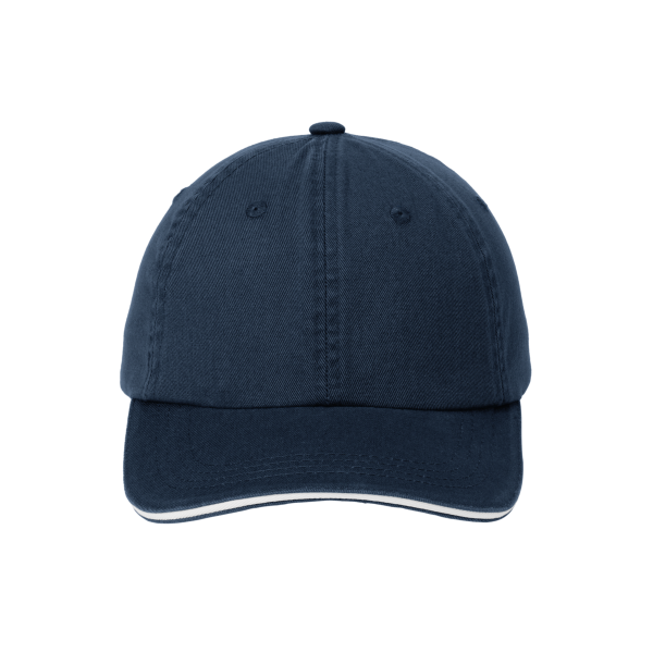 Port Authority Sandwich Bill Cap with Striped Closure, Classic Navy / White / White, Front view