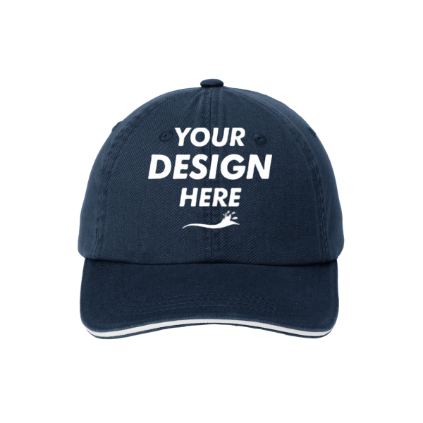 Port Authority Sandwich Bill Cap with Striped Closure, Classic Navy / White / White, Front view, Mockup