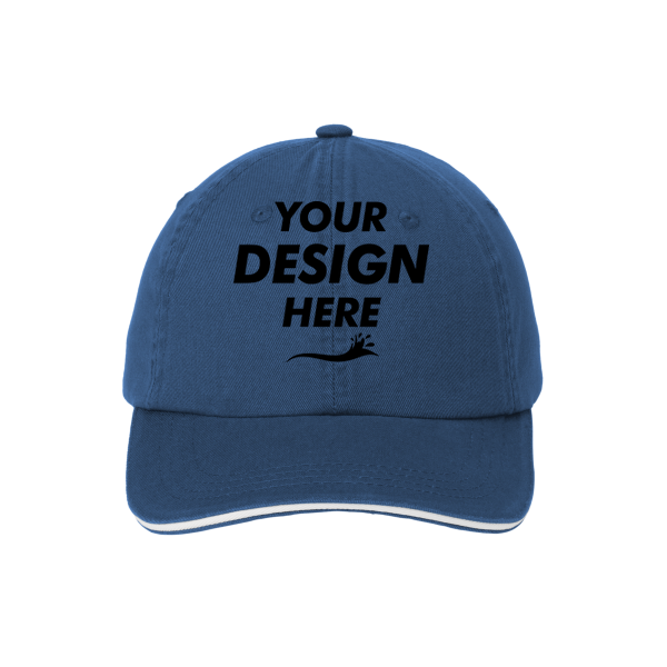 Port Authority Sandwich Bill Cap with Striped Closure, Ensign Blue / White / White, Front view, Mockup