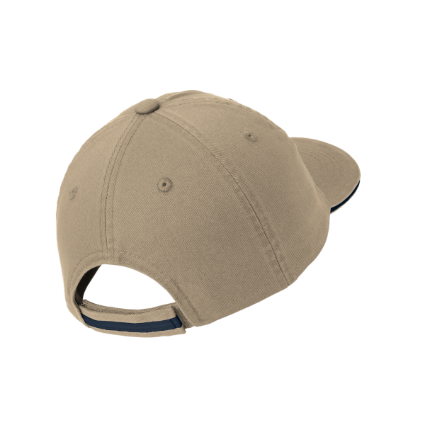 Port Authority Sandwich Bill Cap with Striped Closure, Khaki / Charcoal Blue / Charcoal Blue, Back view