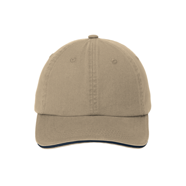 Port Authority Sandwich Bill Cap with Striped Closure, Khaki / Charcoal Blue / Charcoal Blue, Front view