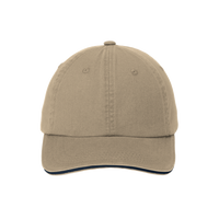 Port Authority Sandwich Bill Cap with Striped Closure, Khaki / Charcoal Blue / Charcoal Blue, Front view