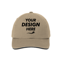 Port Authority Sandwich Bill Cap with Striped Closure, Khaki / Charcoal Blue / Charcoal Blue, Front view, Mockup
