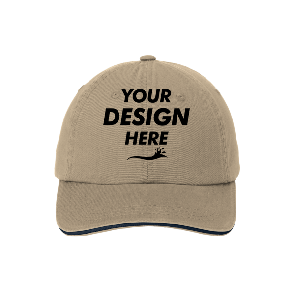 Port Authority Sandwich Bill Cap with Striped Closure, Khaki / Charcoal Blue / Charcoal Blue, Front view, Mockup