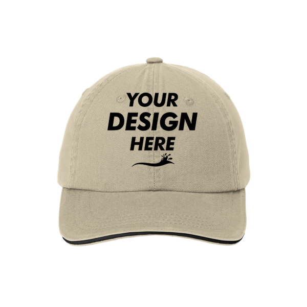 Port Authority Sandwich Bill Cap with Striped Closure, Stone / Black / Black, Front view, Mockup