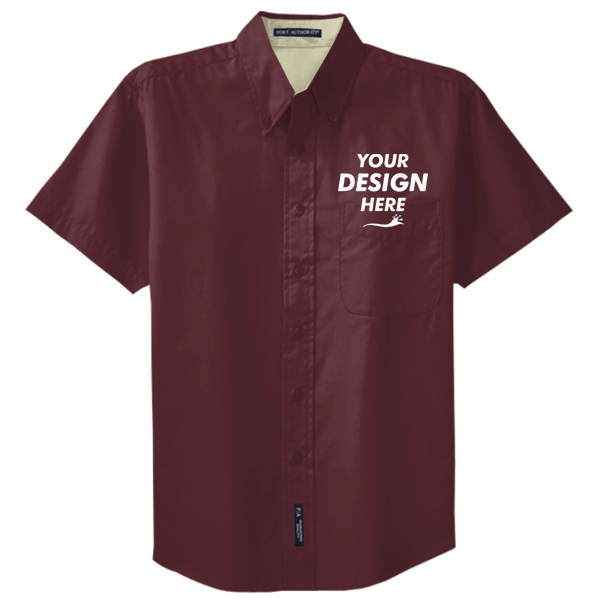 Port Authority Short Sleeve Easy Care Shirt, Burgundy / Light Stone, Front view, Mockup