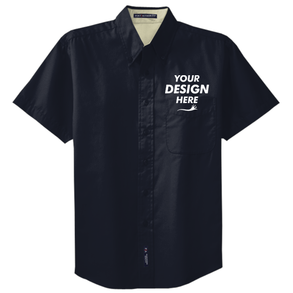 Port Authority Short Sleeve Easy Care Shirt, Navy / Light Stone, Front view, Mockup