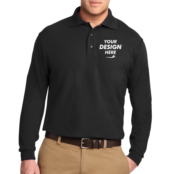 Port Authority Silk Touch Long Sleeve Polo, Black, Front view, Mockup