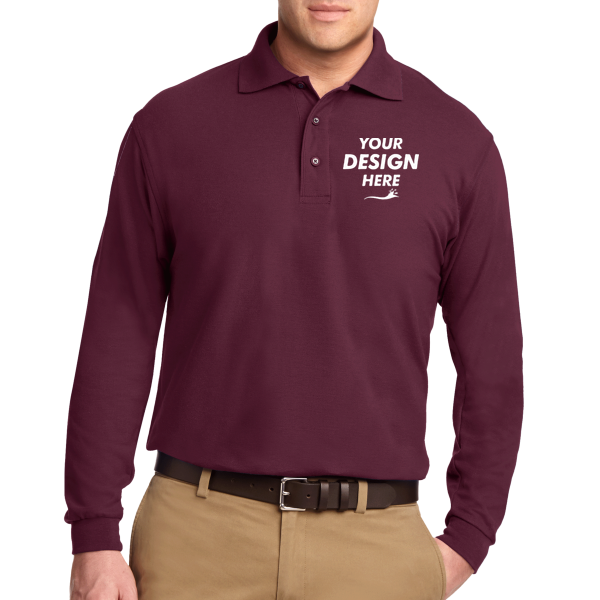 Port Authority Silk Touch Long Sleeve Polo, Burgundy, Front view, Mockup