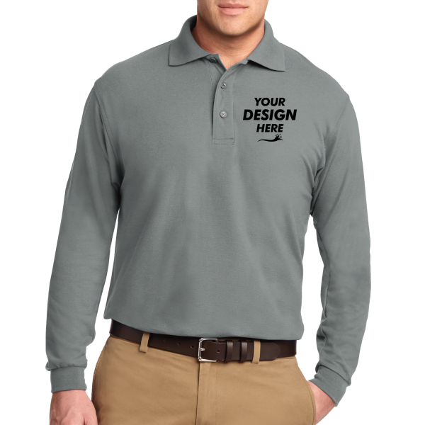 Port Authority Silk Touch Long Sleeve Polo, Cool Grey, Front view, Mockup