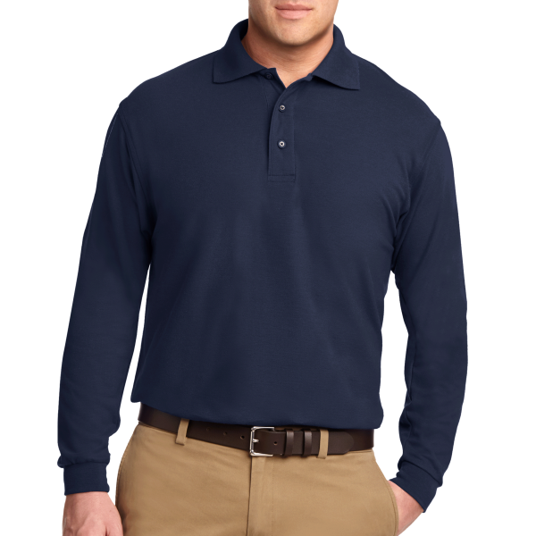 Port Authority Silk Touch Long Sleeve Polo, Navy, Front view