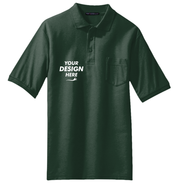 Port Authority Silk Touch Polo with Pocket, Dark Green, Front view, Mockup