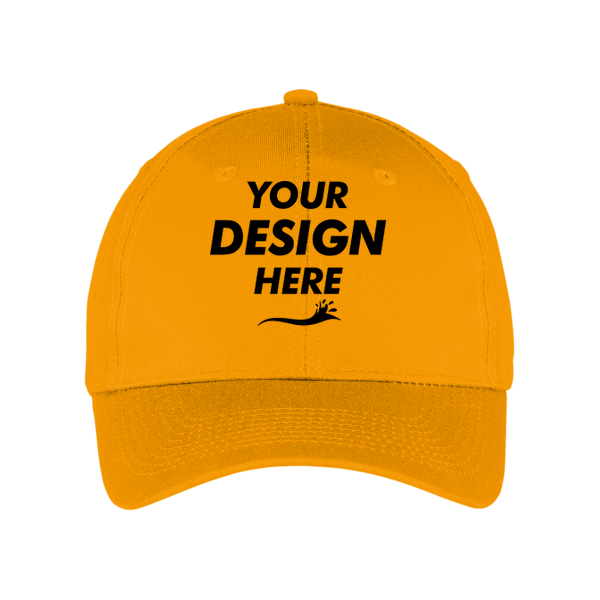Port Authority Six Panel Twill Cap, Athletic Gold, Front view, Mockup